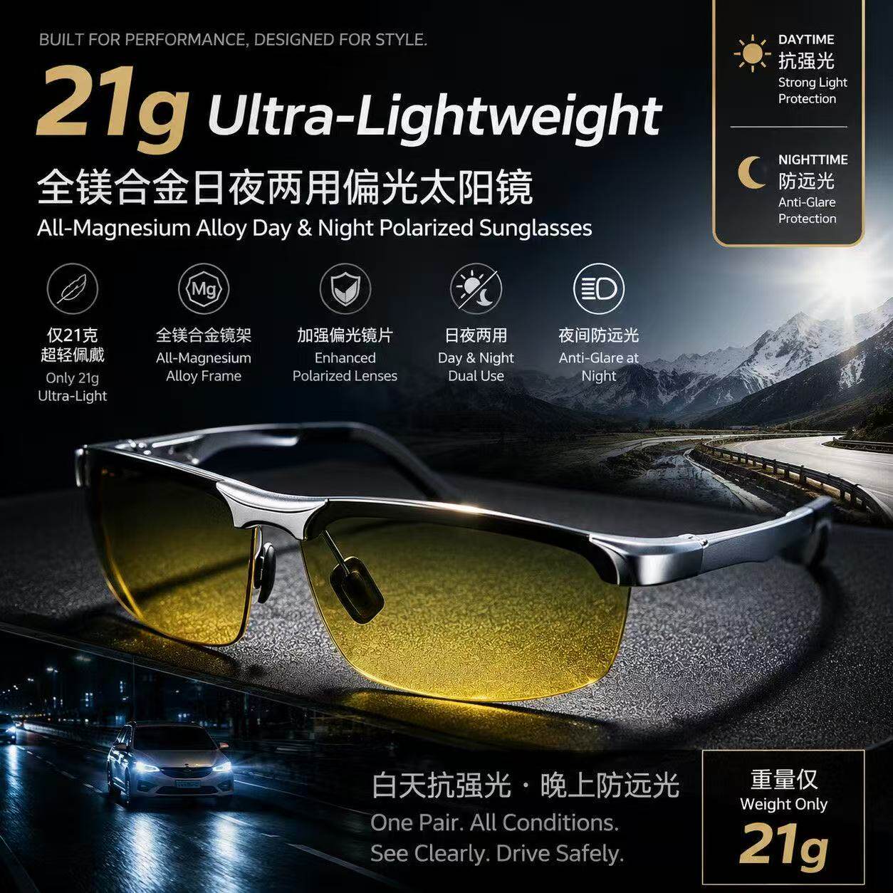 美牌Clara Vida航空铝镁合金超硬超轻日夜两用偏光防远光灯太阳镜