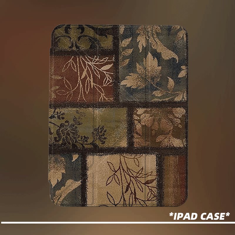 原创中古风拼接花叶第11代2026款air8ipadpro11寸三折ipad壳防弯y折亚克力a16平板壳9代10.2寸air7带笔槽