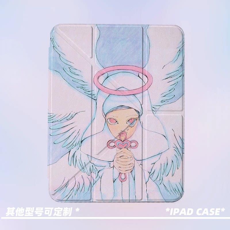 小众动漫二次元复古手绘爱心天使适用苹果11代2025款ipadpro11三折ipad防弯Y折保护壳9代10.2寸/air4/5/mini7