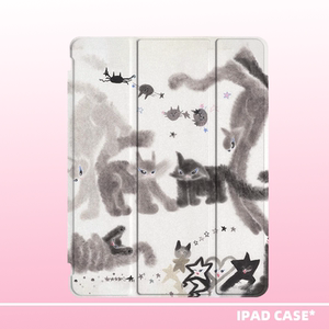 原创卡通艺术可爱涂鸦灰猫咪适用苹果2022款ipadpro十代11三折ipad亚克力保护壳10.2寸pro/air4/5/mini6笔槽