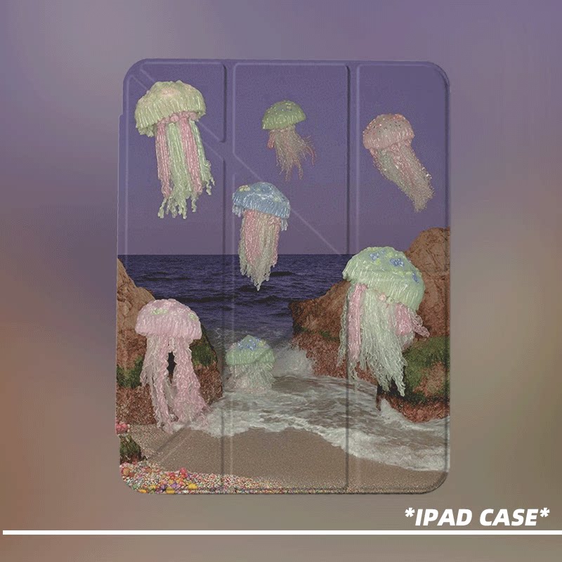 原创y2k炫彩水母第11代2026款air8ipadpro11寸三折ipad壳防弯y折亚克力a16平板壳9代10.2寸air7带笔槽