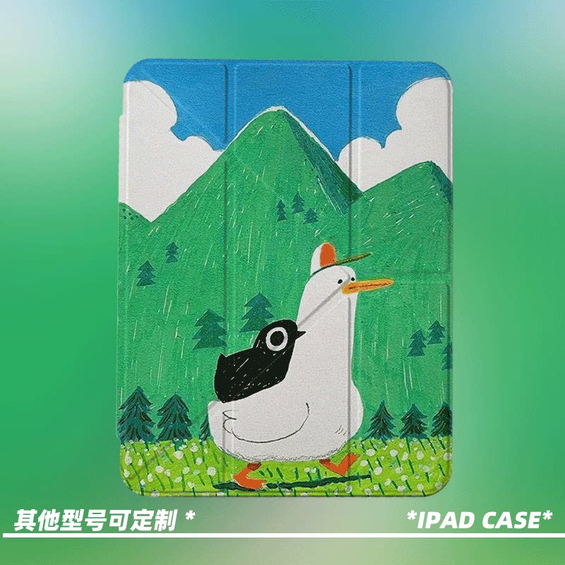 原创可爱白鸭驮鸟第11代2026款air8ipadpro11寸三折ipad壳防弯y折亚克力a16平板壳9代10.2寸air7带笔槽