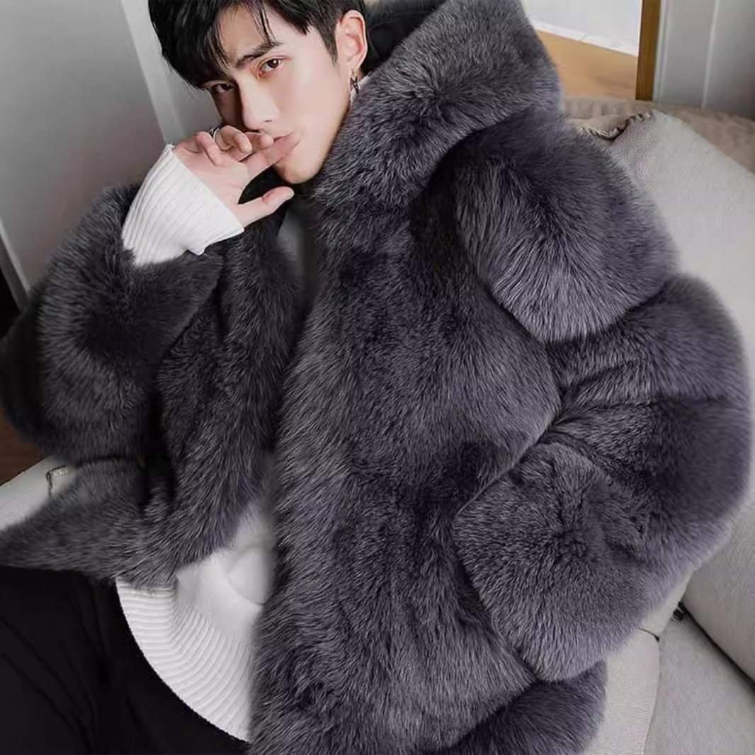 2024冬季新款托斯卡纳狐狸毛外套男整皮加厚青年连帽仿皮草大衣潮