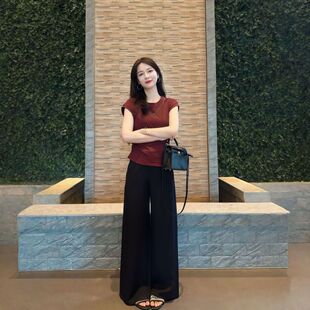 高级感时尚气质名媛风套装女夏季新款修身圆领T恤阔腿裤两件套潮