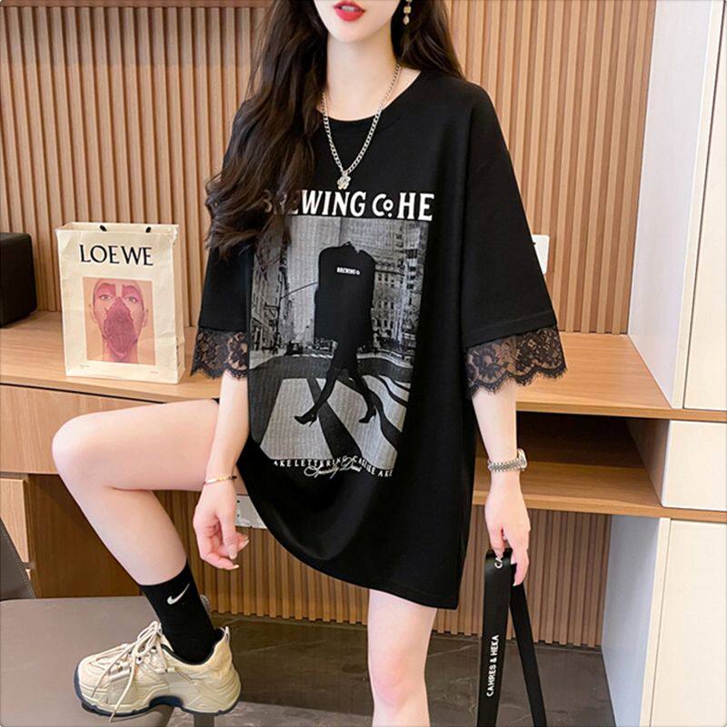 蕾丝拼接短袖纯棉T恤女2026夏季新款大码宽松中长款后背缕空上衣