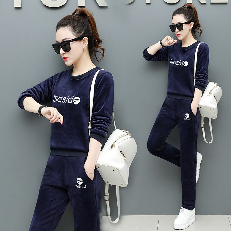 加绒加厚金丝绒休闲运动套装女2025秋冬新款时尚保暖天鹅绒两件套