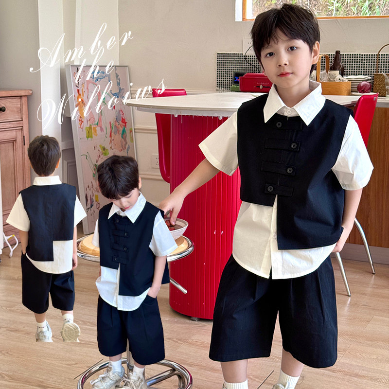 男童韩范夏装套装2026新款男孩帅气西装马甲三件套中大童演出服潮