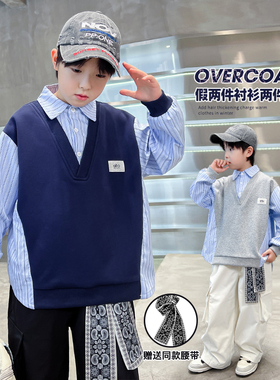 男童春秋假两件衬衫工装裤套装2026新款中大童时髦上衣裤子两件套