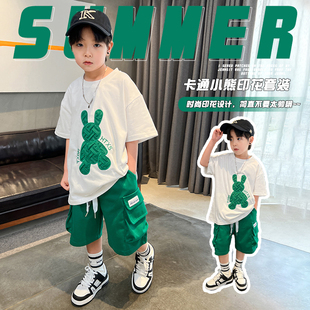 男童夏季时髦短袖套装2026新款男孩夏装酷帅T恤两件套男中大童潮t