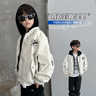 男童痞帅外套春秋款2026新款中大童秋装酷帅夹克男孩浅秋连帽衫潮