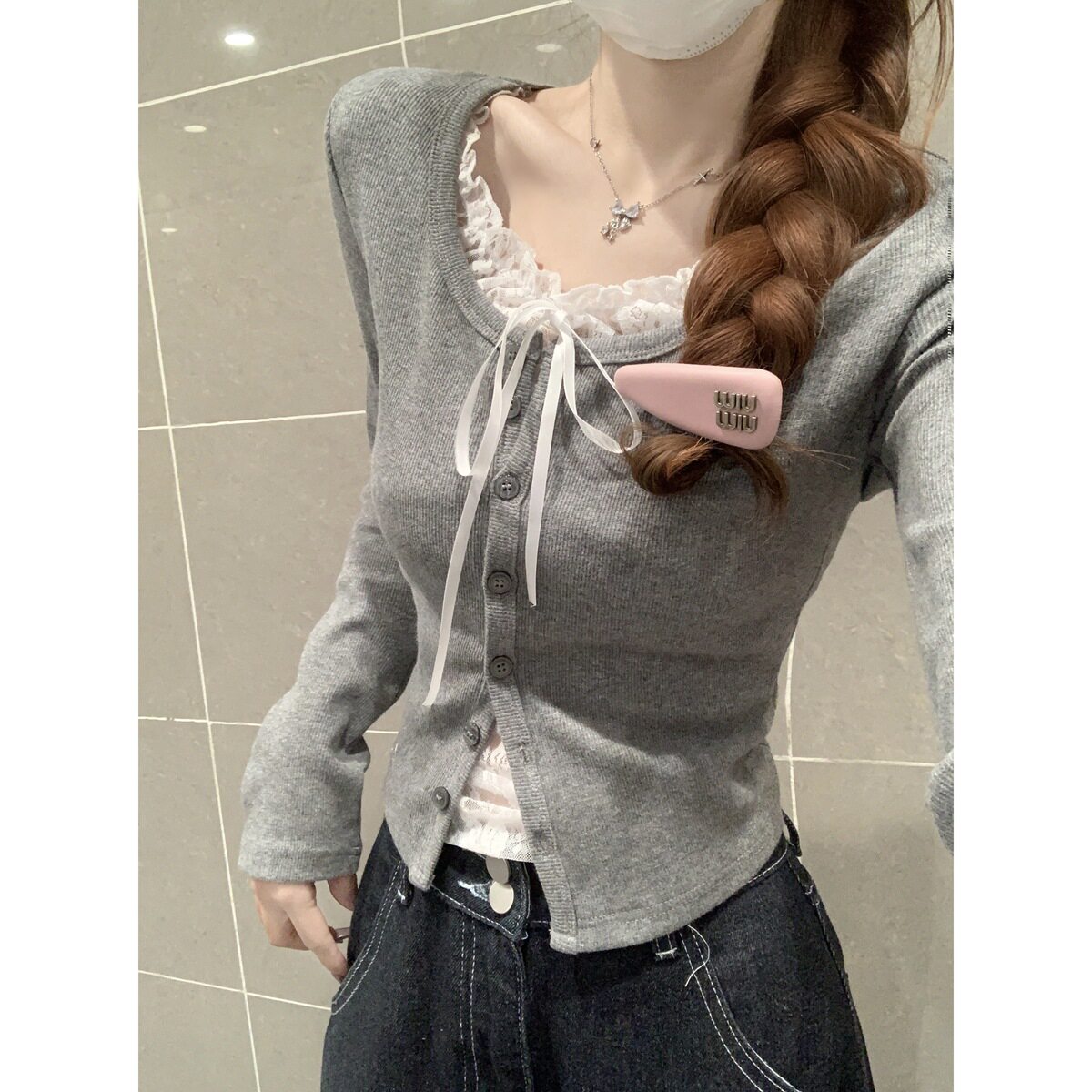 韩版小众纯欲蕾丝打底衫春秋冬季单排扣假两件上衣内搭长袖T恤女
