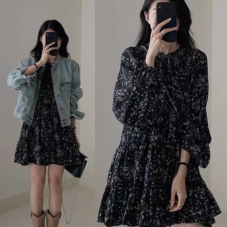 黑色碎花短款灯笼袖连衣裙秋女小个子宽松长袖感法式显瘦新款