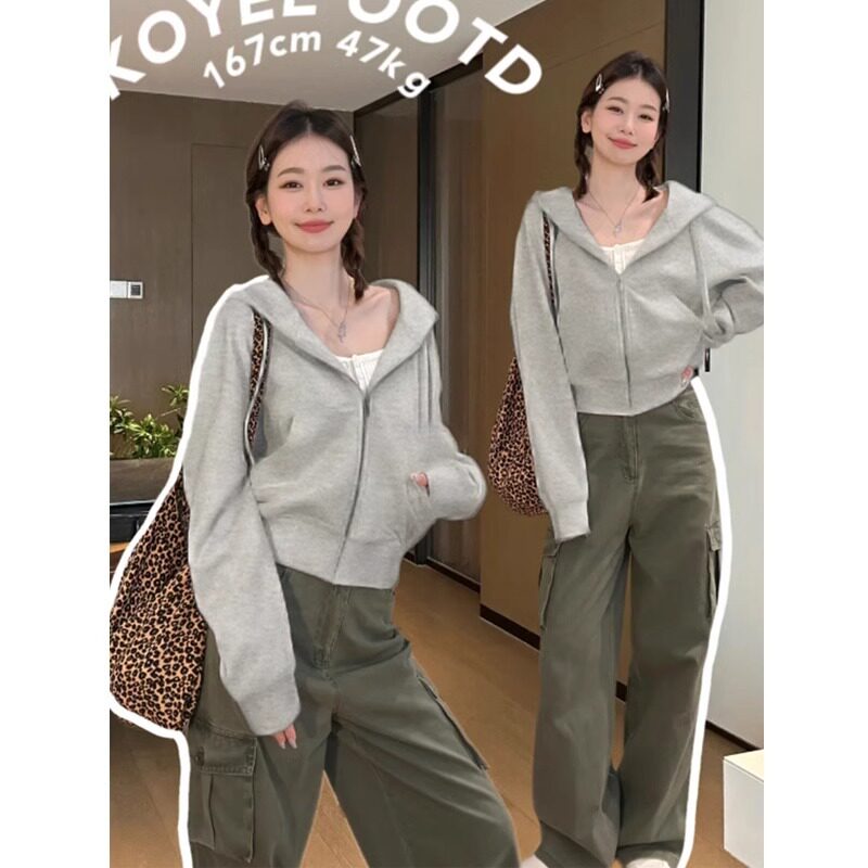 灰色短款连帽卫衣拉链初秋外套女春秋修身小个子韩系开衫上衣早春