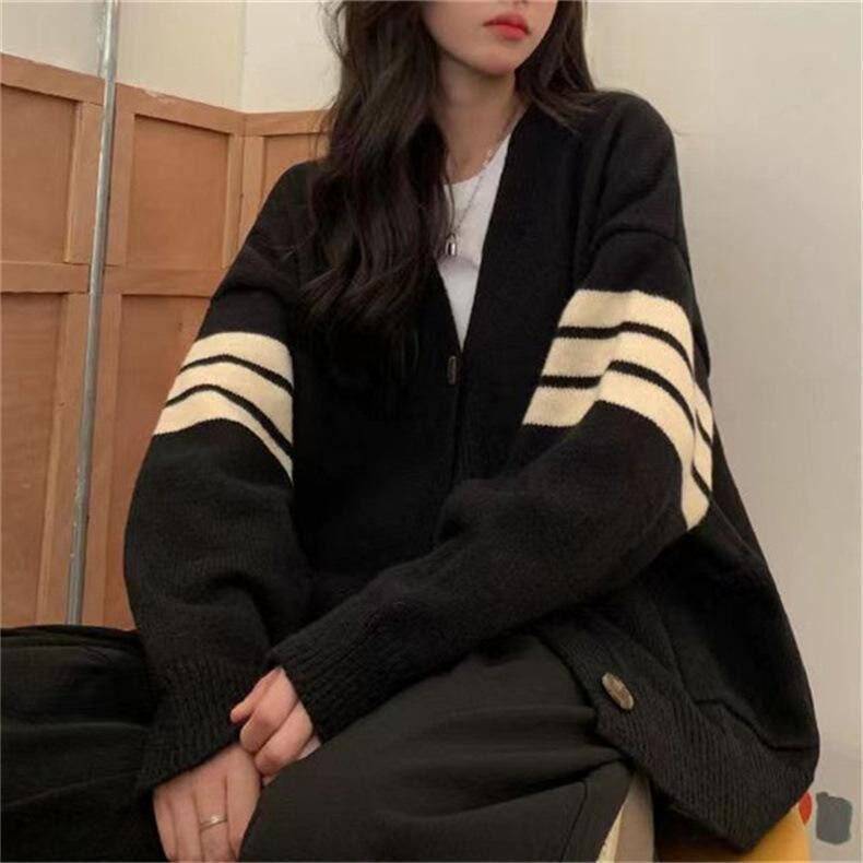 秋冬新款条纹开衫毛衣女外套韩版针织衫