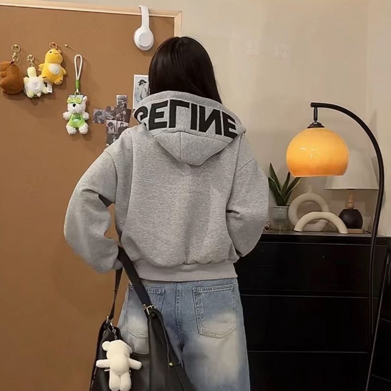 小个子美式连帽字母印花卫衣女加绒新款宽松开衫短款休闲外套上衣