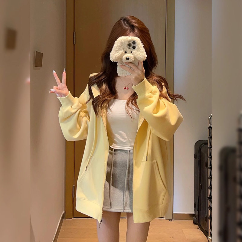 初春黄色卫衣外套女2026新款爆款春秋奶黄运动加绒拉链开衫上衣