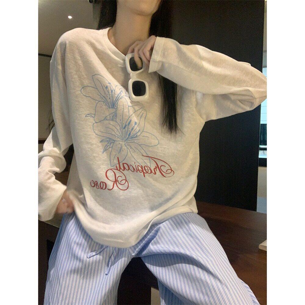 亚麻棉慵懒风长袖圆领印花T恤女夏季宽松防晒罩衫薄款上衣代发