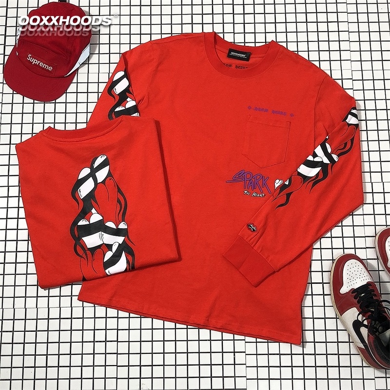 亮眼大红色喜庆黑白涂鸦火焰子纯棉潮潮打底体恤衫欧美ins可爱T恤