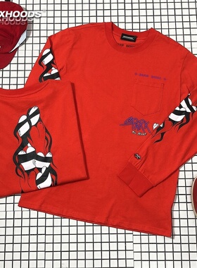 亮眼大红色喜庆黑白涂鸦火焰子纯棉潮潮打底体恤衫欧美ins可爱T恤