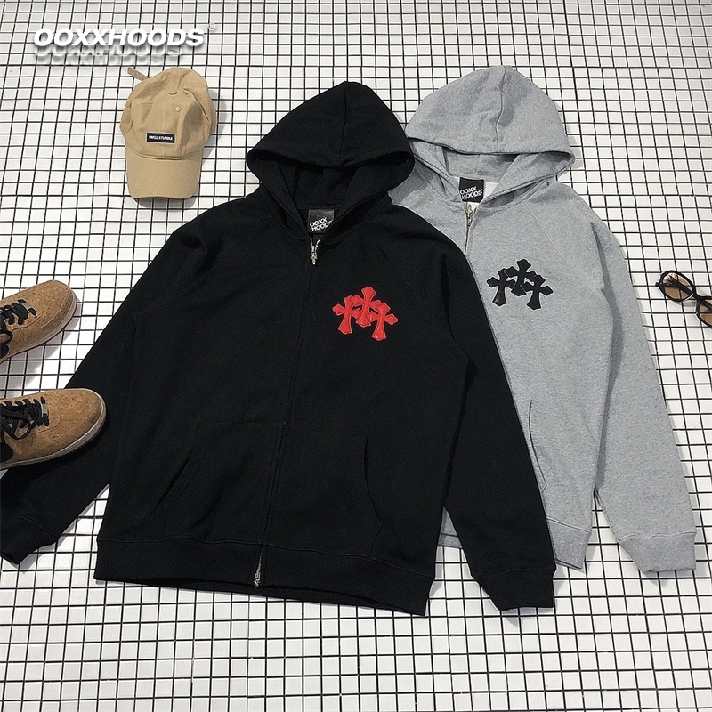 精致对开拉链pu贴皮十字架薄款连帽衫个性街头潮外套男女情侣卫衣