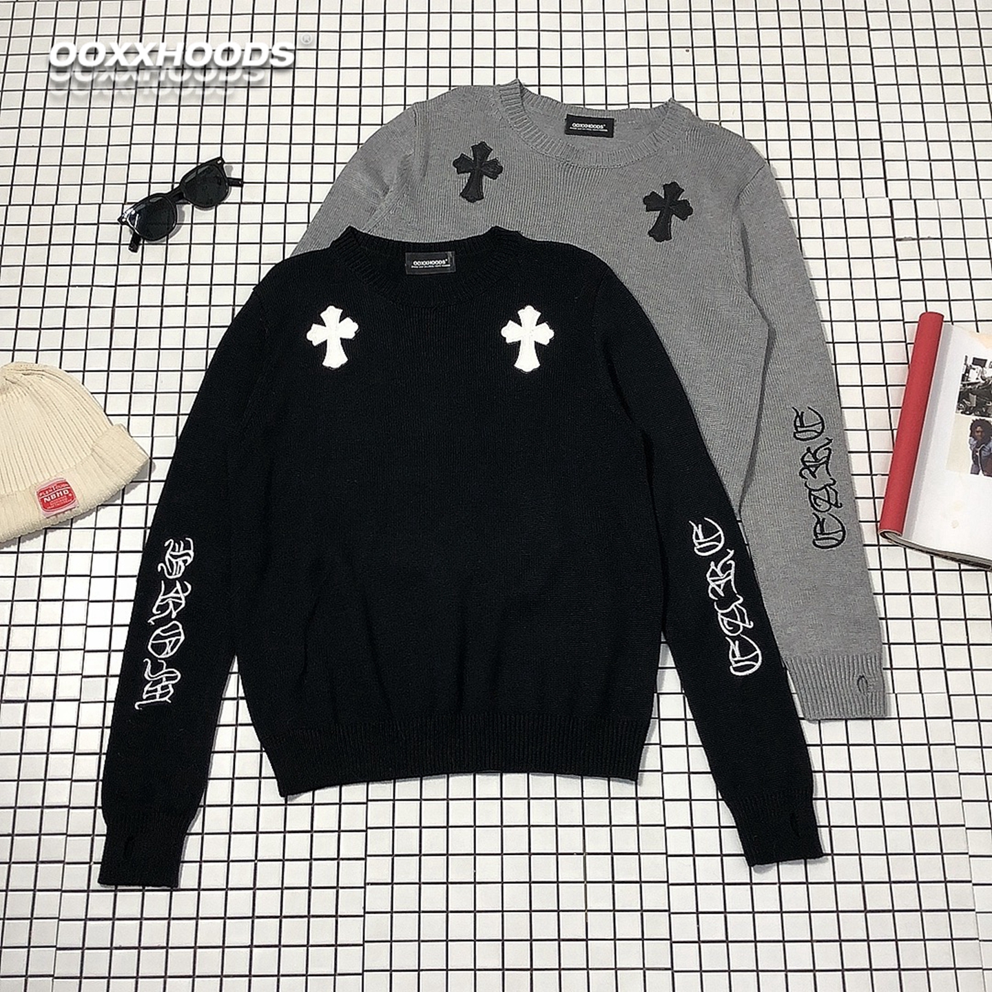 =刺绣哥特字十字架=套头打底毛衣