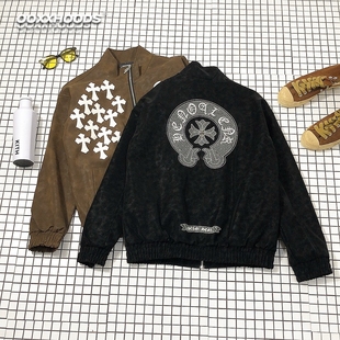 街头风串标十字架刺绣立领拉链夹克男女宽松百搭复古PU皮衣潮外套