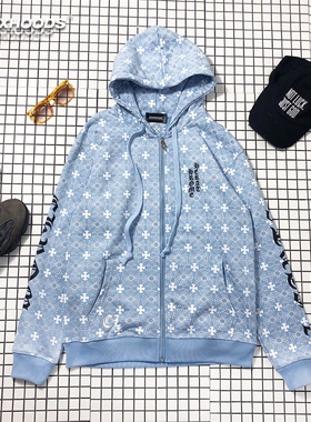 水粉蓝色全身印飞镖十字架潮马蹄大logo薄款外套男女宽松连帽卫衣