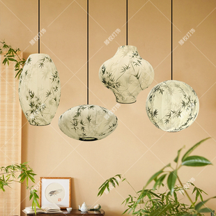 宋式美学吊灯禅意中国风竹子圆形客厅卧室阳台灯中式餐厅布艺灯笼