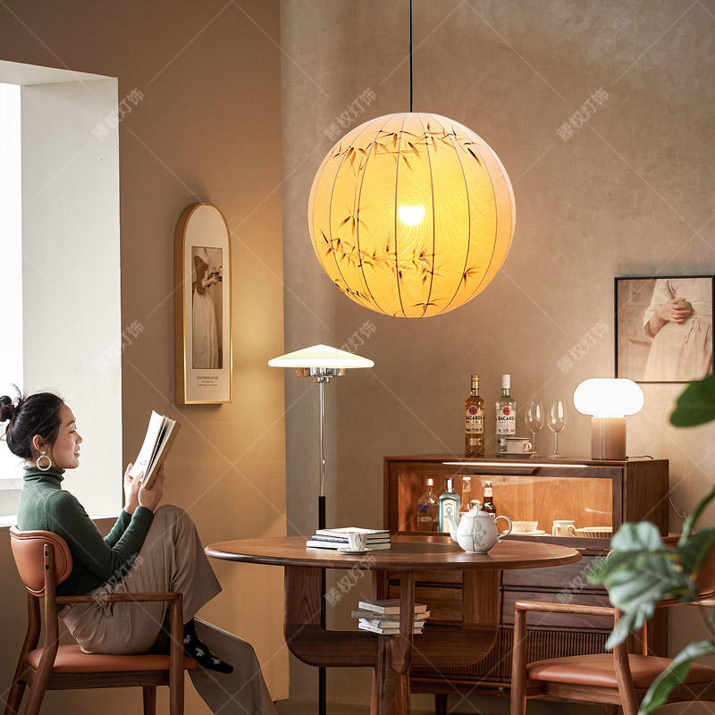 新中式禅意手绘墨竹圆形灯笼