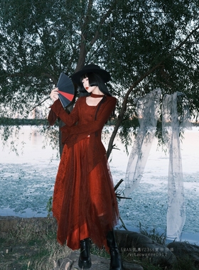 EVAN【现货】暗黑酒红色裙一字肩显瘦长袖上衣不规则半裙套装elyw