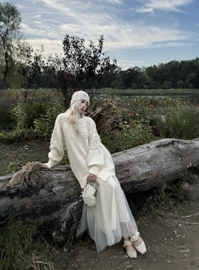 许妍穿搭【对版本 | 三吉*设计师】白色羊毛针织外套毛衣裙假两件