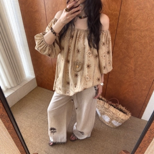 度假风氛围感印花上衣一字肩宽松显瘦连衣裙 设计师 EVAN 正版