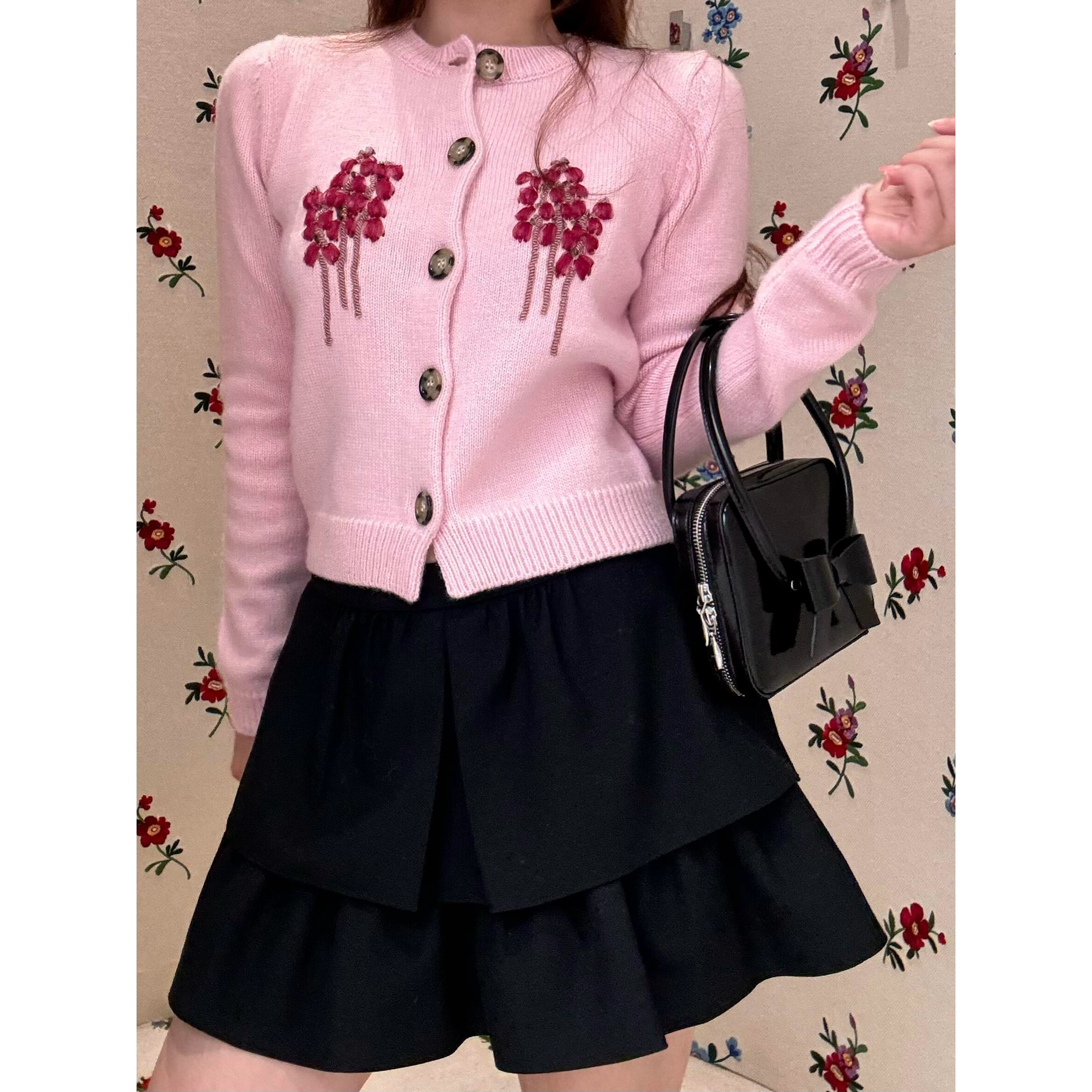 25 孤品限量款】sst甜美少女感碎花朵羊毛针织毛衣开衫外套短外套