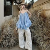 田园清新度假风仙女蓝色吊带上衣 frejia娜扎同款 EVAN亿万 对版