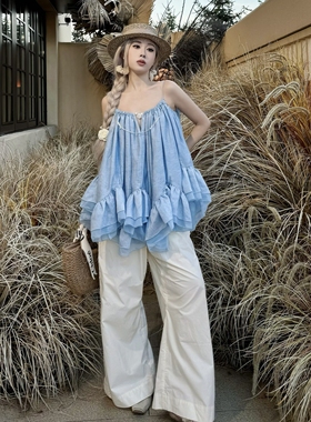 EVAN亿万【对版frejia娜扎同款】田园清新度假风仙女蓝色吊带上衣