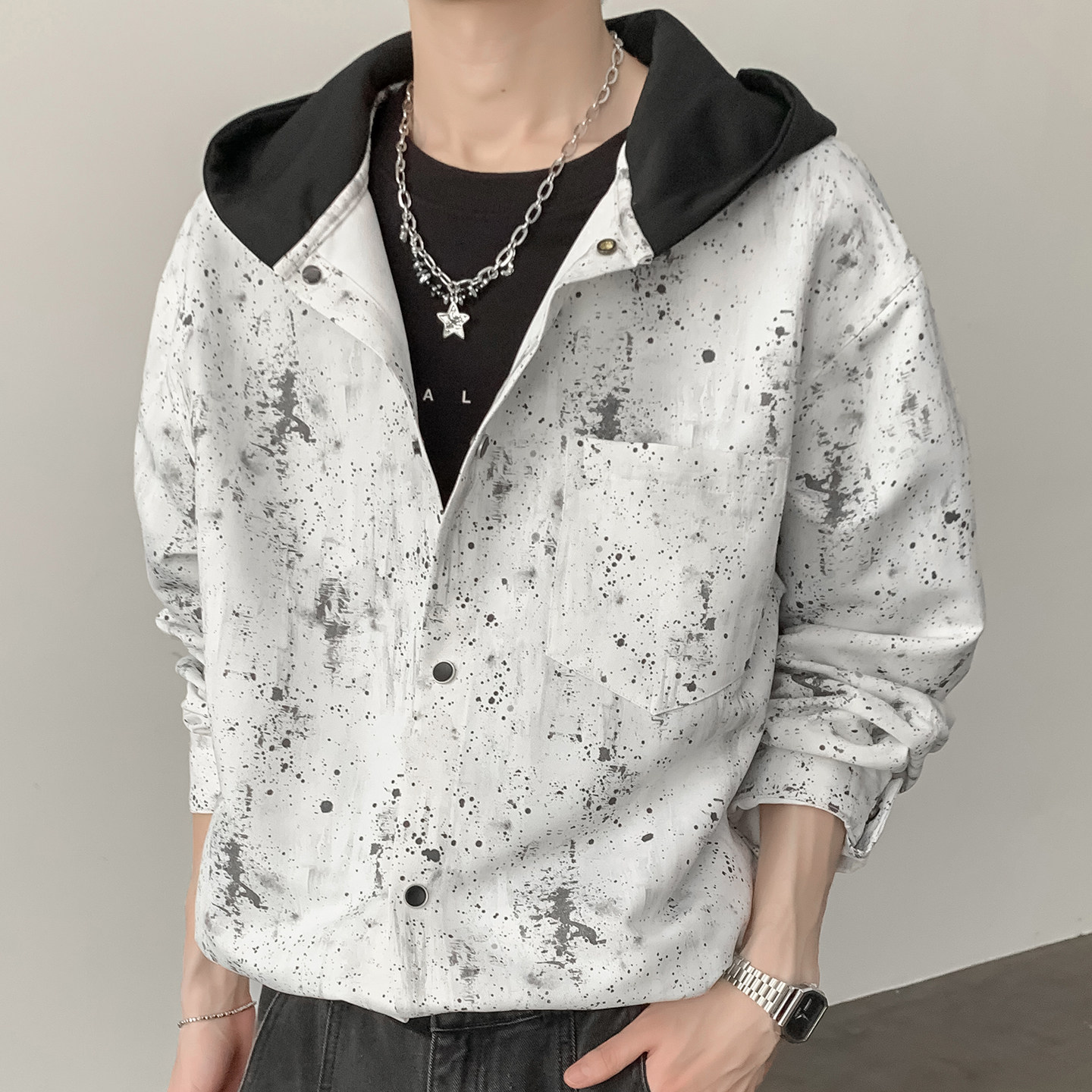 秋季老钱风泼墨休闲连帽衬衫宽松上衣A321-CS026-P60控99,男装衬衫,电商A321
