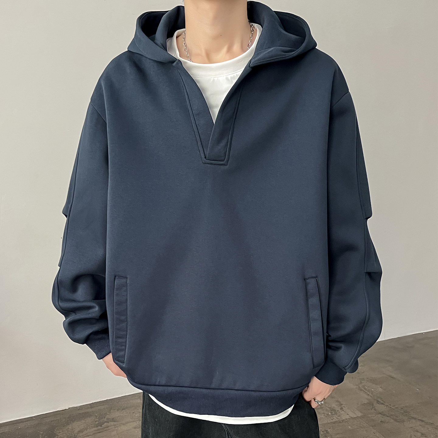 秋季假两件连帽纯色老钱风套头休闲宽松卫衣A321-WY019-P60控99,男装卫衣,电商A321