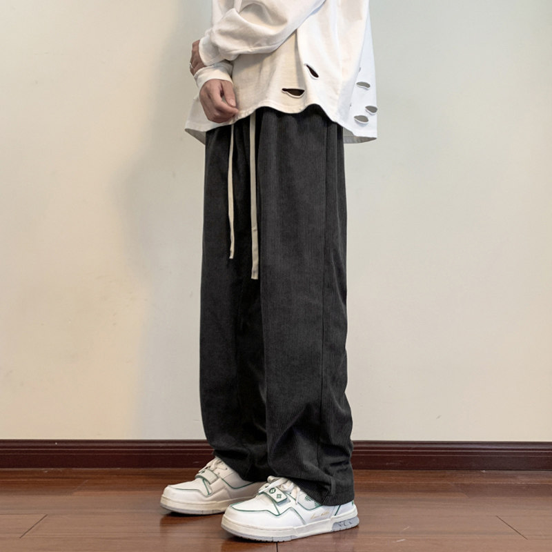 灯芯绒裤子男秋冬季款加绒加厚运动卫裤阔腿直筒宽松黑色休闲长裤,男装休闲裤,电商A321