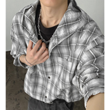 秋季老钱风泡泡纱格子款式休闲宽松连帽衬衫A321-CS028-P60控98，男装衬衫，电商A321