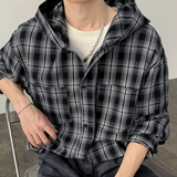 秋季老钱风泡泡纱格子款式休闲宽松连帽衬衫A321-CS028-P60控98，男装衬衫，电商A321