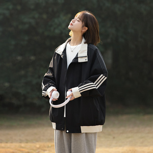 现货春秋美式条纹运动立领夹克男女宽松百搭外套A321-J7801-P60图片