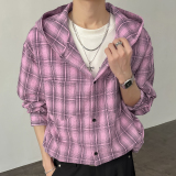 秋季老钱风泡泡纱格子款式休闲宽松连帽衬衫A321-CS028-P60控98，男装衬衫，电商A321