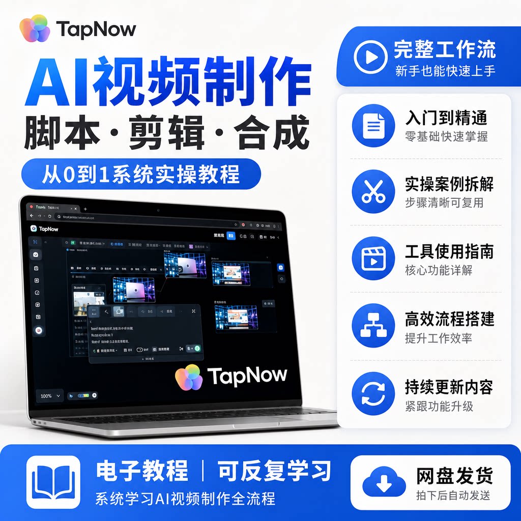 TapNowAI视频制作从0到1脚本剪辑合成功能系统实操案例电子教程