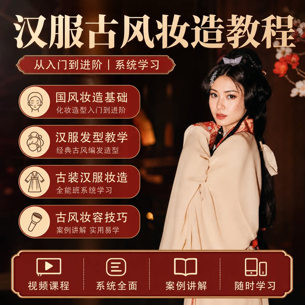 汉服古风妆造教程国风妆容造型发型视频课程进阶编发教学基础实操