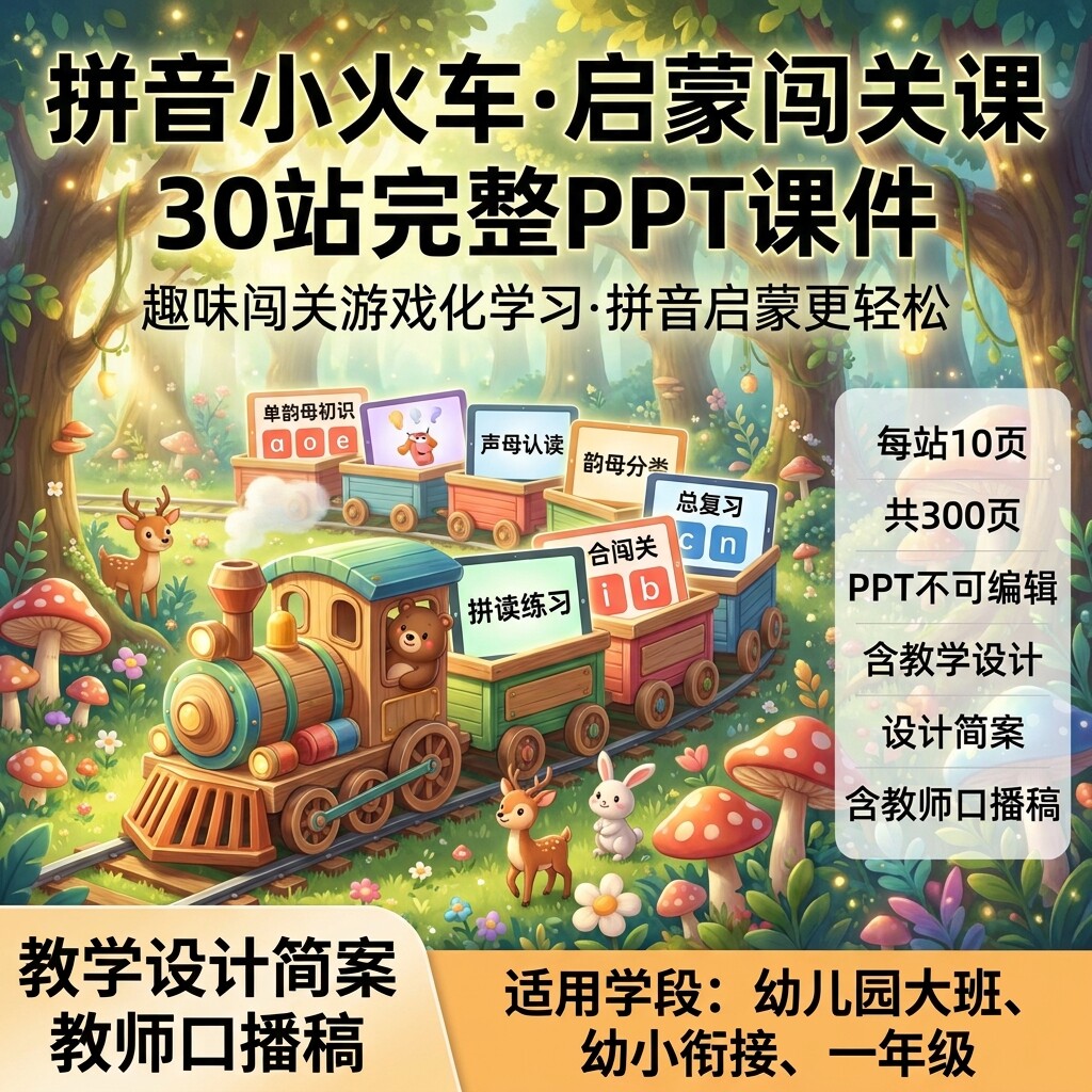 拼音小火车闯关课PPT课件幼小衔接拼音启蒙教学设计教师口播资料