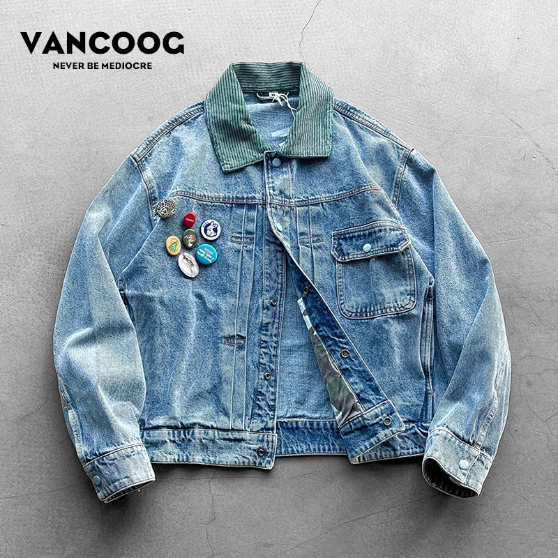 VANCOOG秋季美潮百搭复古高街外套短款jacket宽松徽章牛仔夹克男