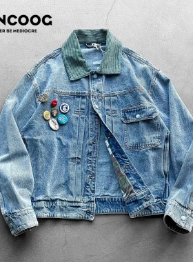 VANCOOG春季美潮百搭复古高街外套短款jacket宽松徽章牛仔夹克男