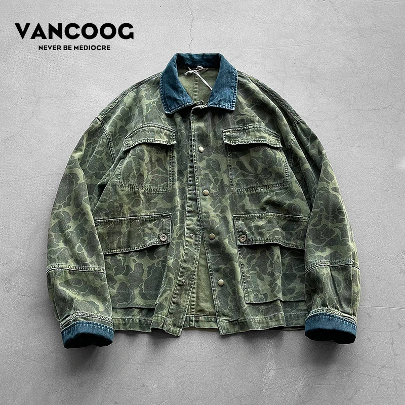 VANCOOG秋季美潮百搭复古工装外套短款jacket宽松迷彩重磅夹克男