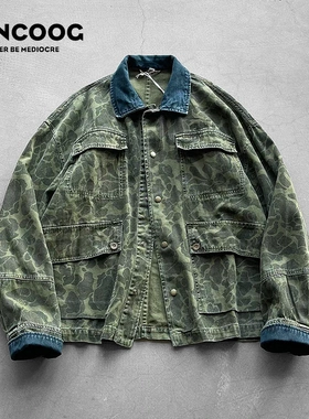 VANCOOG春季美潮百搭复古工装外套短款jacket宽松迷彩重磅夹克男