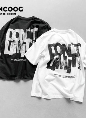 凡购夏季美潮纯棉350宽松vintage做旧字母印花大码圆领短袖T恤男